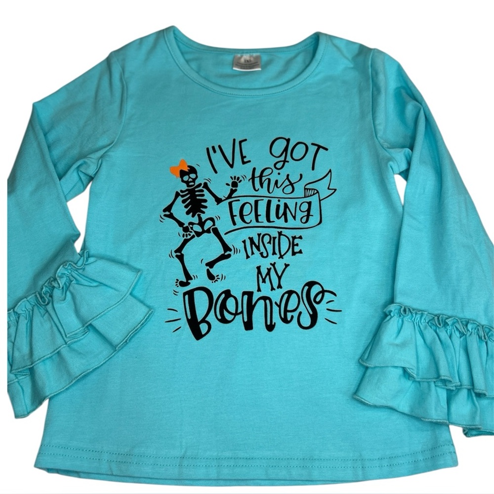 Halloween Skeleton 2 pc set Size 6/7 Bell Bottom Pants Ruffle Sleeve Top girls - Picture 2 of 10